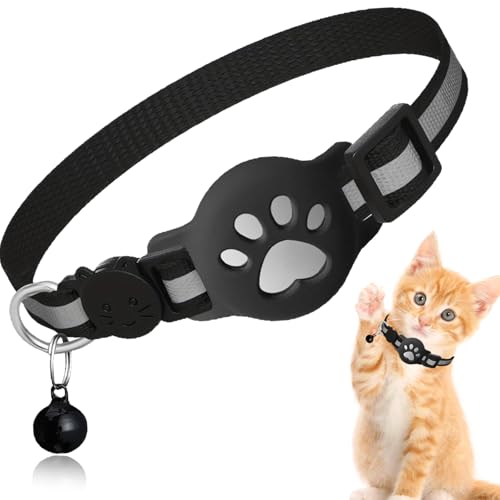 Reflektierendes Airtag-Katzenhalsband, Nylon, Kätzchen-Tracker-Halsbänder mit Glöckchen, verstellbar, 19,1 - 32,6 cm, Sicherheitsschnalle für Katzen, Hunde, Katzen, Welpen, Schwarz von Crrynuo