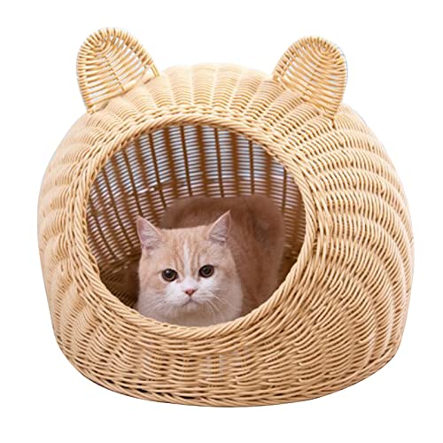 Cryfokt Katzenbett, Niedliches Halbgeschlossenes Katzenhaus, Atmungsaktives Tierheim für Wilde Katzen, Ordentliche, Handgeflochtene Rattan-Katzenhäuser, Waschbares Tierheim für Kitty (Beige) von Cryfokt