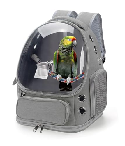 Mehrzweck-Vogel-Rucksack mit Sitzstange und Tablett, atmungsaktiv, transparentes Fenster, Reisekäfig für Nymphensittiche, Caique, Conure, Quaker, perfekt für Tierarztbesuche, Camping und Wandern, Grau von CryptoBai