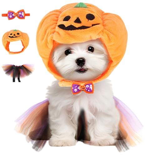 3pcs/Set Cat Halloween Kostüme, niedliche Kürbishüte für Katzenhunde mit Fliege und Mesh Lätzchen, Zugangsabkommen für Halloween von Csafyrt