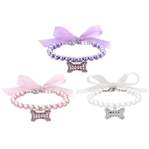 3pcs Welpenkragen Einstellbarer Kätzchenkragen mit Strassknochenperlen Bogen Bling Pet Halskette süße Welpe Essentials von Csafyrt