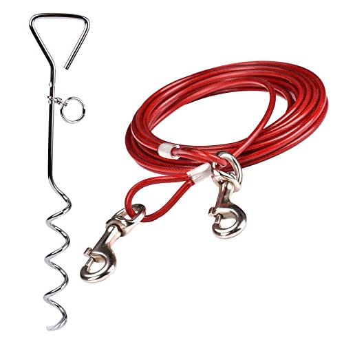 10 m langes Hunde-Auslaufkabel mit 45,7 cm spiralförmigem Erdspieß, für den Außenbereich, Hof und Camping, kleine bis mittelgroße Hunde (rot, 10 m Kabel, 45,7 cm Pfahl) von CtopoGo