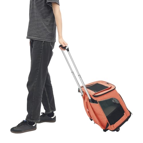 Hunderucksack mit Trolley, klappbarer Katzenrucksack Trolley Hund Katze bis 9 kg Leichte Hundewagen Transportbox für Welpen Haustiere (Orange) von CuCummoo