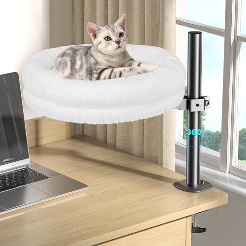 Cuipingoo Katzen-Schreibtischbett, unterstützt bis zu 22,7 kg, bequeme weiche Sitzstange, Nestbett-Befestigung, runde Katzen-Hängematte für Schreibtisch, 360° drehbar und höhenverstellbar (weiß) von Cuipingoo