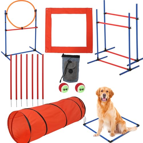 Hunde-Hinterhof-Set, Hunde-Hinderniskurs, Hinterhof mit 2 Agility-Hürden, Sprungring, Tunnel, Pausebox, 8 gewebte Stangen, Spielzeugbälle und tragbare Aufbewahrungstaschen, Agility-Ausrüstung für von CuisinSmart
