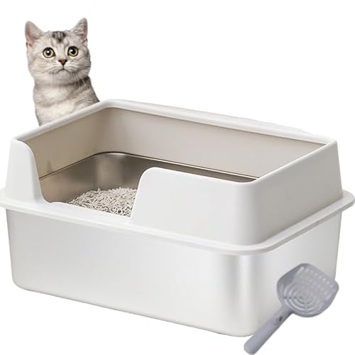 Culnflun Culnflun Katzentoilette aus Edelstahl, Spritzwassergeschützte Katzentoilette mit Hoher Seite und Schaufel für Katzen, Kätzchen, Kaninchen, Meerschweinchen (L Weiß) von Culnflun