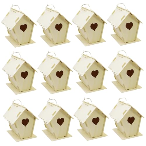 12pcs Bird House Kit, DIY unbemalte hölzerne Vogelhäuser Herz & Zaun Vogelhaus mit hängenden Haken 4x4, 3 x 5, 5 kleine Häuser für Erwachsene Kinder zum BAU, Holz von Cunlvyyds