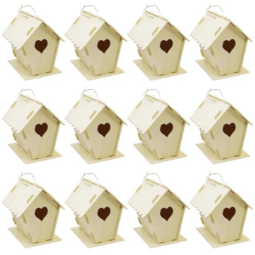 12pcs Vogelhaus Kit, DIY unbemalte hölzerne Vogelhäuser Herz & Zaun Vogelhaus mit hängenden Haken 4x4, 3 x 5, 5 kleine Häuser für Erwachsene Kinder zum Bauen, für draußen von Cunlvyyds