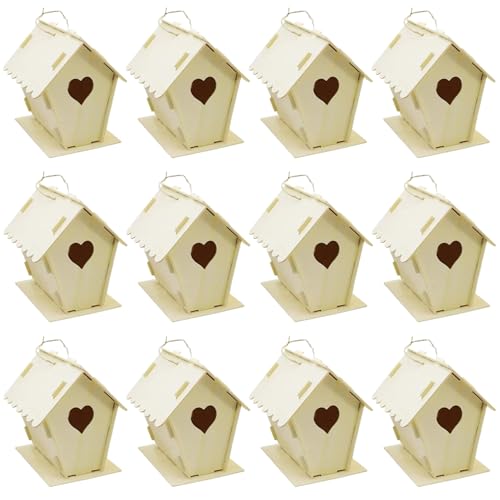 12pcs Vogelhaus Kit, DIY unbemalte hölzerne Vogelhäuser Herz & Zaun Vogelhaus mit hängenden Haken 4x4, 3 x 5, 5 kleine Häuser für Erwachsene Kinder zum Bauen, für draußen von Cunlvyyds
