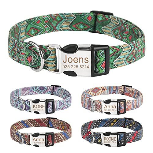 Personalisiert Hundehalsband und Leine Set, Frei graviertes Name und Telefonnummer Hunde Halsbänder, Verstellbares Retro Nylon Hunde Halsband für kleine mittlere große Hund(L,Grün) von Cuperay