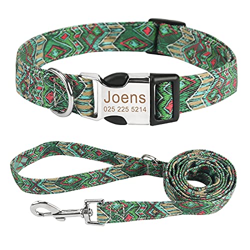 Personalisiert Hundehalsband und Leine Set, Frei graviertes Name und Telefonnummer Hunde Halsbänder, Verstellbares Retro Nylon Hunde Halsband für kleine mittlere große Hund(L,Grün-Set) von Cuperay