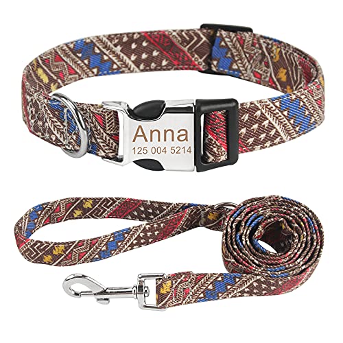 Personalisiert Hundehalsband und Leine Set, Frei graviertes Name und Telefonnummer Hunde Halsbänder, Verstellbares Retro Nylon Hunde Halsband für kleine mittlere große Hund(M,Kaffee-Set) von Cuperay