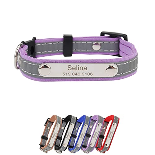 Personalisiertes Hundehalsband Leder mit Namensschild, Hundehalsband mit Namen und Telefonnummer, Reflektierend Verstellbare Hunde hHalsbänder mit D-Ring für Kleine Mittlere Große Hunde(Lila) von Cuperay