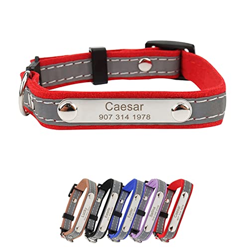 Personalisiertes Hundehalsband Leder mit Namensschild, Hundehalsband mit Namen und Telefonnummer, Reflektierend Verstellbare Hunde hHalsbänder mit D-Ring für Kleine Mittlere Große Hunde(Rot) von Cuperay
