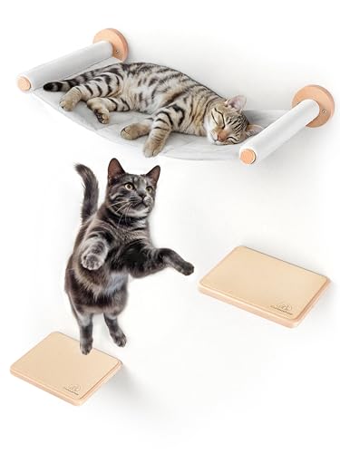 Curious Paw Kletterwand Katzen inkl. wolkenweicher Katzenhängematte - extra große Stufen aus hochwertigem Buchenholz (Made in Germany) von Curious Paw