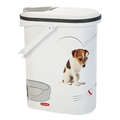 Curver Hundefutterbehälter 10L – Luftdichte kompakte Futterbox für Trockenfutter – Bis zu 4kg Kapazität, Leichte Entnahme - für Hunde oder andere Haustiere – Weiß mit Hundemotiv von Curver