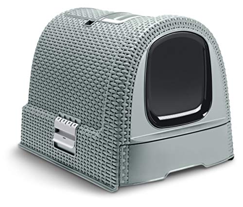 Curver petlife Katzentoilette mit Deckel, Katzenklo inklusive Schaufel, moderne Rattangeflecht-Optik, grau-blau, 51,5 x 38,5 x 40 cm von Curver