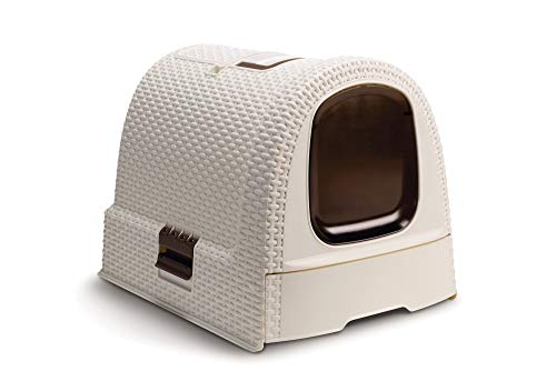 Curver petlife Katzentoilette mit Deckel, Katzenklo inklusive Schaufel, moderne Rattangeflecht-Optik, weiß, 51,5 x 38,5 x 40 cm von Curver