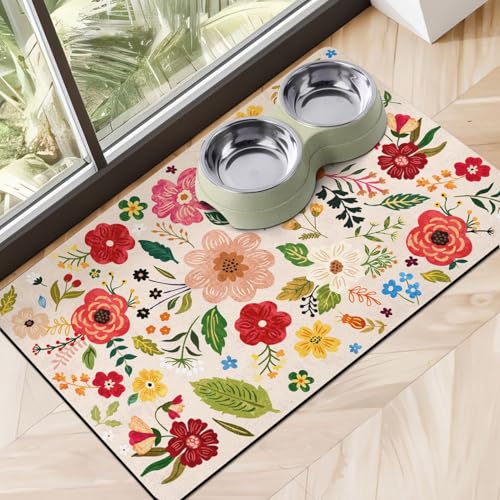 Cuslnox Hundefuttermatten für Böden, saugfähig, schnell trocknend, Haustier-Matte für Futter- und Wasserspender, umweltfreundlich, 30,5 x 50,8 cm, Blumenweiß von Cuslnox