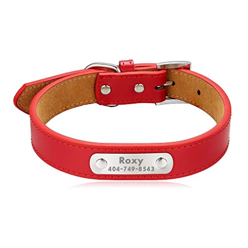 Custom4U Hundehalsband aus Leder Weiche Haptik mit graviertem Namensschild in Rot L Size（2 * 42CM） perfekt für Kleine, Mittelgroße, Große Hunde und Katzen von Custom4U