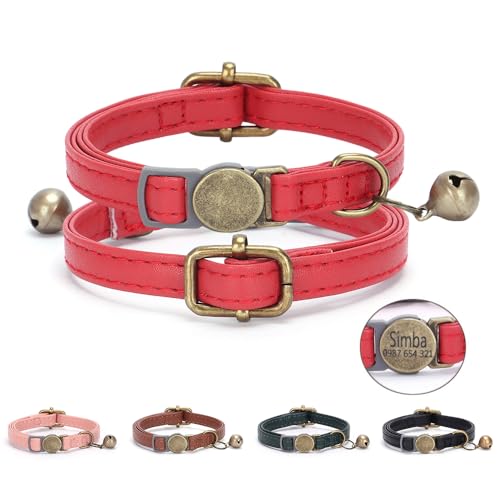 Personalisiertes Retro-Katzenhalsband aus PU-Leder mit gravierten Tags, langlebig, verschleißfest, verstellbar, mit Namen und Telefonnummer und Glocke (Stil 01) von CustomizeFactory