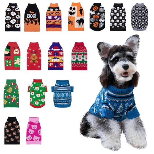 CuteBone Blauer Hundepullover Schneeflocken-Strick-Welpenkleidung für kleine Hunde, Gemütliche Sweatshirts Winterjacken und -mäntel für Hunde mit Loch für die Leine DS72XS-DE von CuteBone