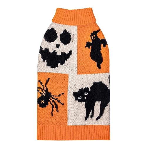 CuteBone Halloween-Geister-Hundepullover für kleine Hunde, Totenkopf-Strickpullover für Haustiere, Winterkleidung Pullover für Welpen warme Strickwaren mit Loch für die Leine DS61L-DE von CuteBone
