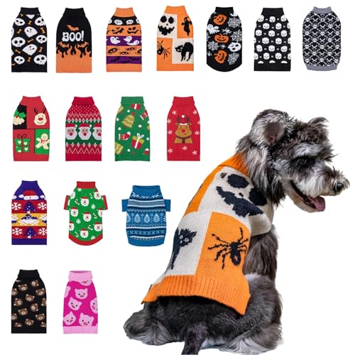 CuteBone Halloween-Geister-Hundepullover für kleine Hunde, Totenkopf-Strickpullover für Haustiere, Winterkleidung Pullover für Welpen warme Strickwaren mit Loch für die Leine DS61L-DE von CuteBone