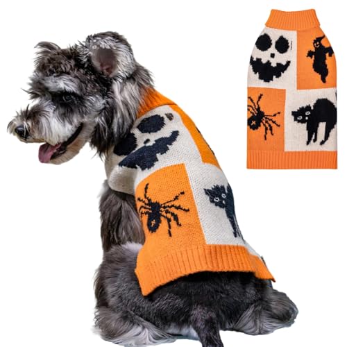 CuteBone Halloween-Geister-Hundepullover für kleine Hunde, Totenkopf-Strickpullover für Haustiere, Winterkleidung Pullover für Welpen warme Strickwaren mit Loch für die Leine DS61XXL-DE von CuteBone