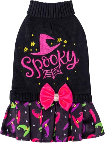 CuteBone Halloween Hund Pullover Kleid für mittlere Hunde Mädchen, Happy Halloween Stickerei Hund Pullover mit Bowtie, Haustier Kleidung für Chihuahua Yorkie Teetasse DS80S-DE von CuteBone