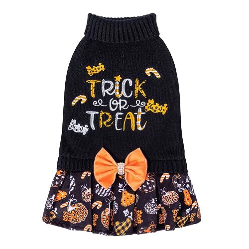 CuteBone Halloween-Hundepullover-Kleid, Trick-or-Treat-Strick-Rollkragenpullover, Welpenpullover mit Fliege, Geschirrloch, Pullover, Winterkleid für mittelgroße Hunde DS77L-DE von CuteBone