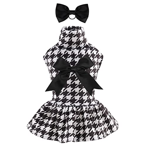 CuteBone Houndstooth Hundekleid Samt Rollkragenpullover Welpenrock Kostüm Haustier Outfit Katzenkleidung mit Schleife Haarseil Geburtstagsgeschenk CVD04XS-DE von CuteBone