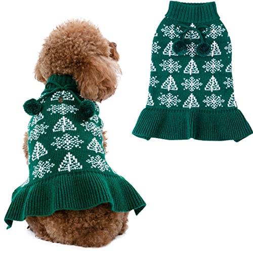 CuteBone Hunde-Weihnachtspullover-Kleid, Winterstrick, grüner Rollkragen-Welpenpullover mit handwerklichem Pom-Pom-Ball-Pullover, Rüschenkleid für kleine Hunde DS48M-DE von CuteBone