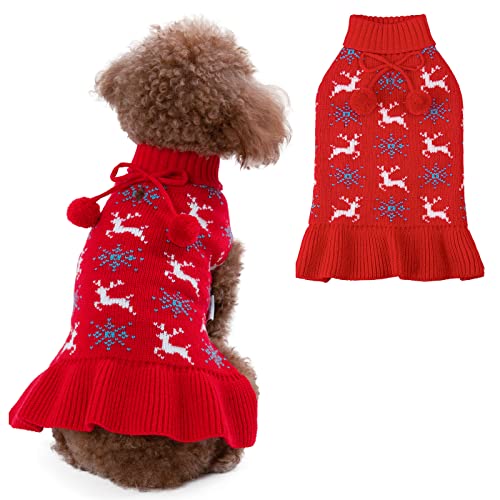 CuteBone Hunde-Weihnachtspullover-Kleid Rehstrick-Rollkragen-Welpenpullover mit Craft Pom Pom Ball Pullover Rüschenkleid für kleine Hunde DS47M-DE von CuteBone
