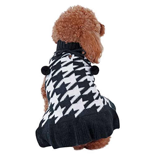CuteBone Hundepullover-Kleid mit Hahnentritt-Muster, gestrickt, mit Craft-Pom-Pom-Ball-Pullover, Rüschenkleid für kleine Hunde DS44L-DE von CuteBone