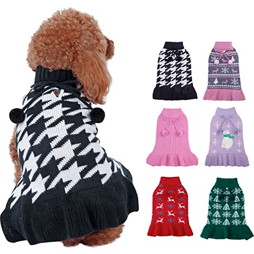 CuteBone Hundepullover-Kleid mit Hahnentritt-Muster, gestrickt, mit Craft-Pom-Pom-Ball-Pullover, Rüschenkleid für kleine Hunde DS44M-DE von CuteBone