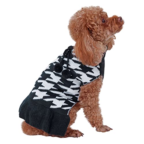 CuteBone Hundepullover-Kleid mit Hahnentritt-Muster, gestrickt, mit Craft-Pom-Pom-Ball-Pullover, Rüschenkleid für kleine Hunde DS44XL-DE von CuteBone
