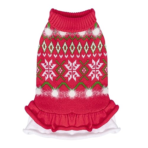 CuteBone Weihnachten roter Hundepullover Kleid Schneeflocke Welpe Wintermantel Hund Rüschenkleid Katzenbekleidung mit Loch für die Leine für kleine mittelgroße Hunde DS85XS-DE von CuteBone