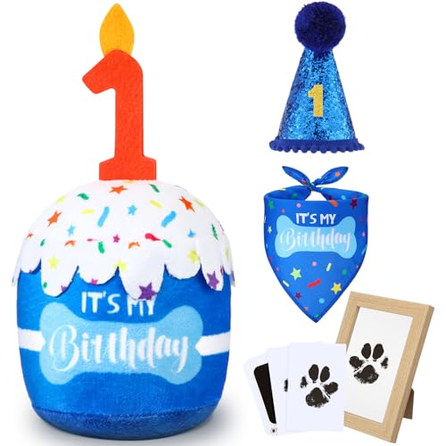 Cutecrop Geschenk zum 1. Geburtstag für Hunde, Jungen, Mädchen, Geburtstagsdekorationen, blauer Hut, Bandana, quietschendes Kuchenspielzeug, Pfotenabdruck-Kit für kleine, mittelgroße und große von Cutecrop