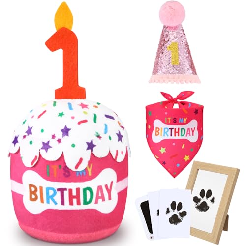Cutecrop Geschenk zum 1. Geburtstag für Hunde, Jungen, Mädchen, Geburtstagsdekorationen, rosa Hut, Bandana, quietschendes Kuchenspielzeug, Pfotenabdruck-Kit für kleine, mittelgroße und große Haustiere von Cutecrop