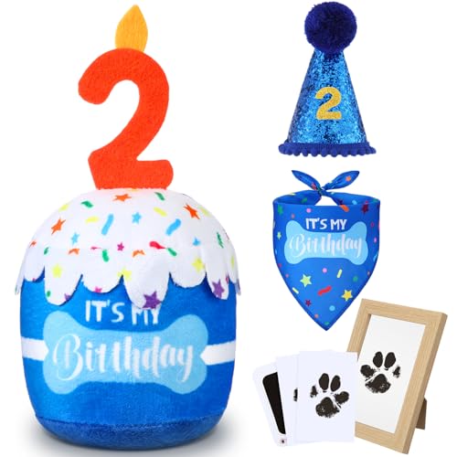 Cutecrop Hund 2. Geburtstag Geschenke Set, Hund Junge Mädchen Geburtstag Dekorationen Blau Hut Bandana Quietschendes Kuchenspielzeug Pfotenabdruck Kit für kleine, mittelgroße und große Haustiere von Cutecrop
