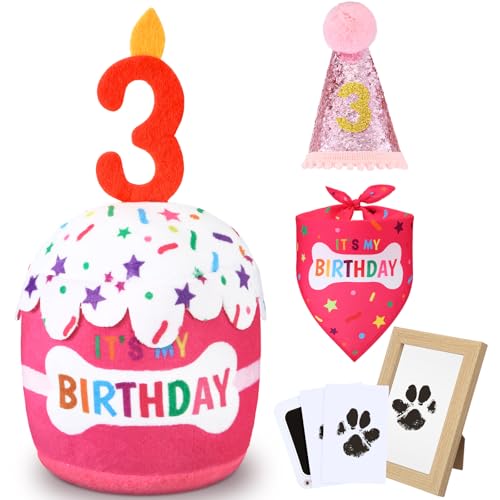 Cutecrop Hund 3. Geburtstag Geschenke Set, Hund Junge Mädchen Geburtstag Dekorationen, Rosa Hut Bandana Quietschendes Kuchenspielzeug Pfotenabdruck Kit für kleine, mittelgroße und große Haustiere von Cutecrop