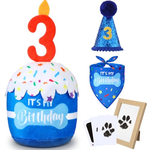 Cutecrop Hund 3. Geburtstag Geschenke Set, Hund Junge Mädchen Geburtstag Dekorationen Blau Hut Bandana Quietschendes Kuchenspielzeug Pfotenabdruck Kit für kleine, mittelgroße und große Haustiere von Cutecrop