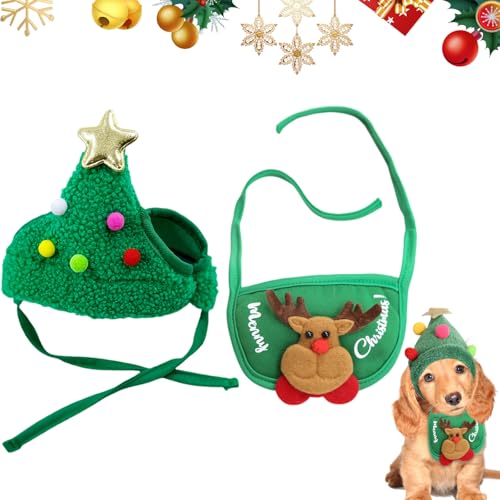 CutitiUU Weihnachtsmützen- und Lätzchen-Set für Haustiere,Hundehalstuch Weihnachten,Weihnachtsmütze und Lätzchen, Weihnachtsmuster, für Niedlichen Hunde und Katze (Rentier) von CutitiUU