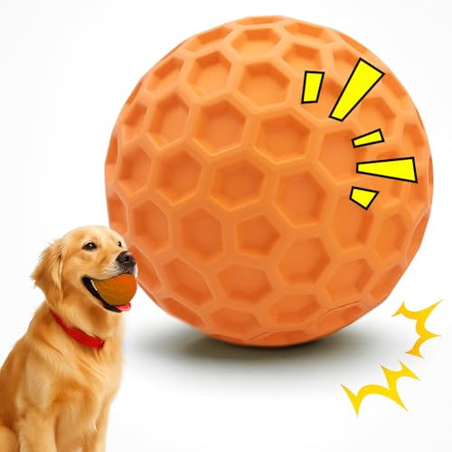 Quietschball für Hunde – Interaktives Kauspielzeug für Hunde – Unzerstörbare, Robuste Hundebälle für starke Kauer – Zur Linderung von Angst und Langeweile – Zahnungsspielzeug für Welpen (Orange, 80mm) von Cuwada