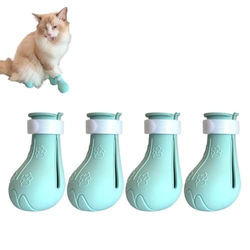 4 Stück Katzenstiefel Nur Für Katzen, Kratzfeste Katzenfüße, Bedeckt Stachelige Anti-Off-Schuhe Für Katzen, Silikon-Katzenpfotenschutzstiefel(Grün) von Cyrank