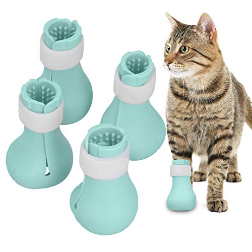 4 Stück Katzenstiefel, Kratzfeste Silikon-Katzenschuhe, Katzenpfotenschutz, Nagelabdeckung für Katzen, Zuhause, Baden, Pflegen, Rasieren, Überprüfung, Behandlung(Grün) von Cyrank