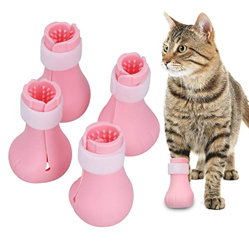 4 Stück Katzenstiefel, Kratzfeste Silikon-Katzenschuhe, Katzenpfotenschutz, Nagelabdeckung für Katzen, Zuhause, Baden, Pflegen, Rasieren, Überprüfung, Behandlung(Rosa) von Cyrank