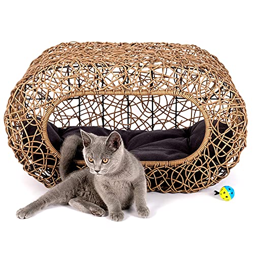 D+ Garden Fun Stapelbare Katzenhütte für drinnen und draußen – interaktives Spiel-Rattan-Katzenhaus für drinnen und Katzen, Hauseingang, Katzenbett, braun von D+ Garden