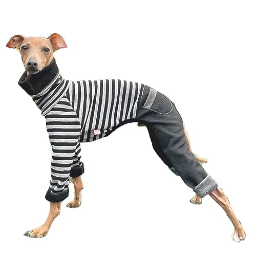 D Doggy Star Einteiler für italienische Windhunde, gestreift, Fleece, dehnbar, Denim, Whippet für Hunde, Rollkragen-Outfits, Mantel, Größe S, Denim-Schwarz von D DOGGY STAR